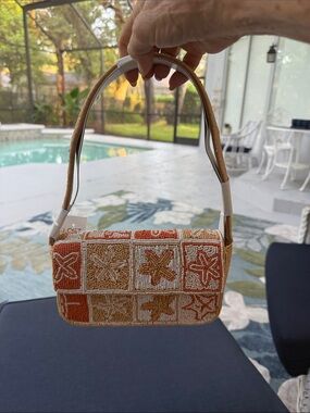 Beaded Mini Shoulder Bag in Orange and Cream
